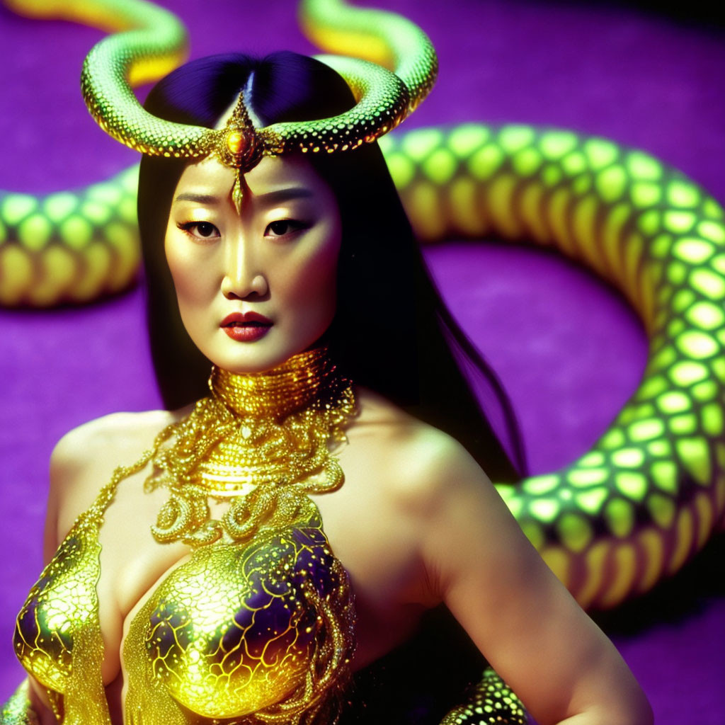 Woman in dramatic makeup and snake-themed costume with coiled serpent.