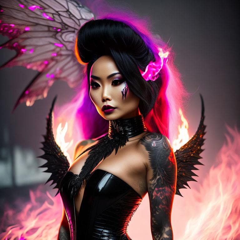 Woman in dramatic gothic outfit with feathers and wings in front of fiery backdrop