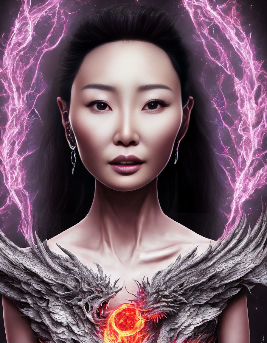 Intense gaze woman in feathered attire with glowing heart, surrounded by purple lightning