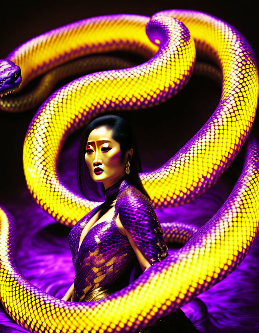 Woman with bold makeup surrounded by vibrant snakes on dark background