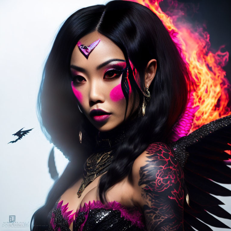 Dramatic makeup woman with fiery wing effect staring at camera