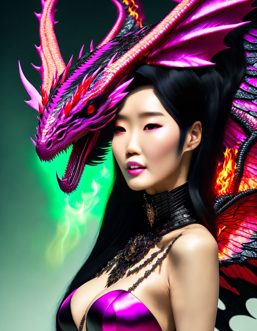 Fantasy scene: Woman with striking makeup and fiery dragon in vibrant colors