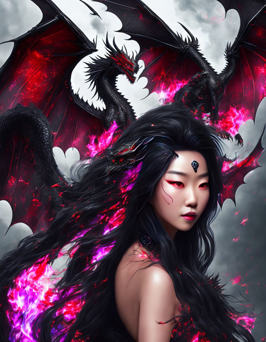 Woman with black hair and red eyes in front of dragons and magenta energy