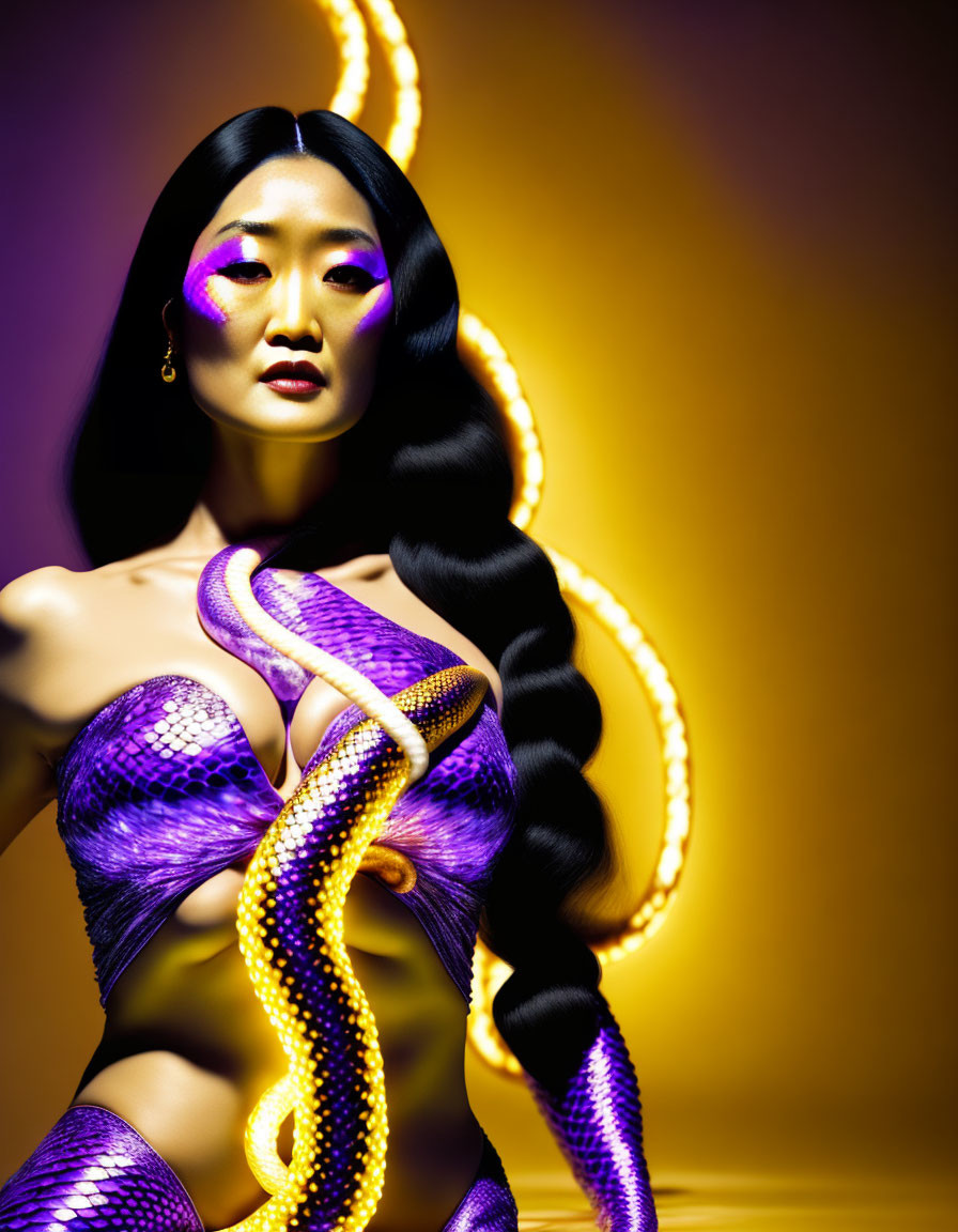 Long-haired woman with yellow snake on yellow backdrop in purple makeup and top