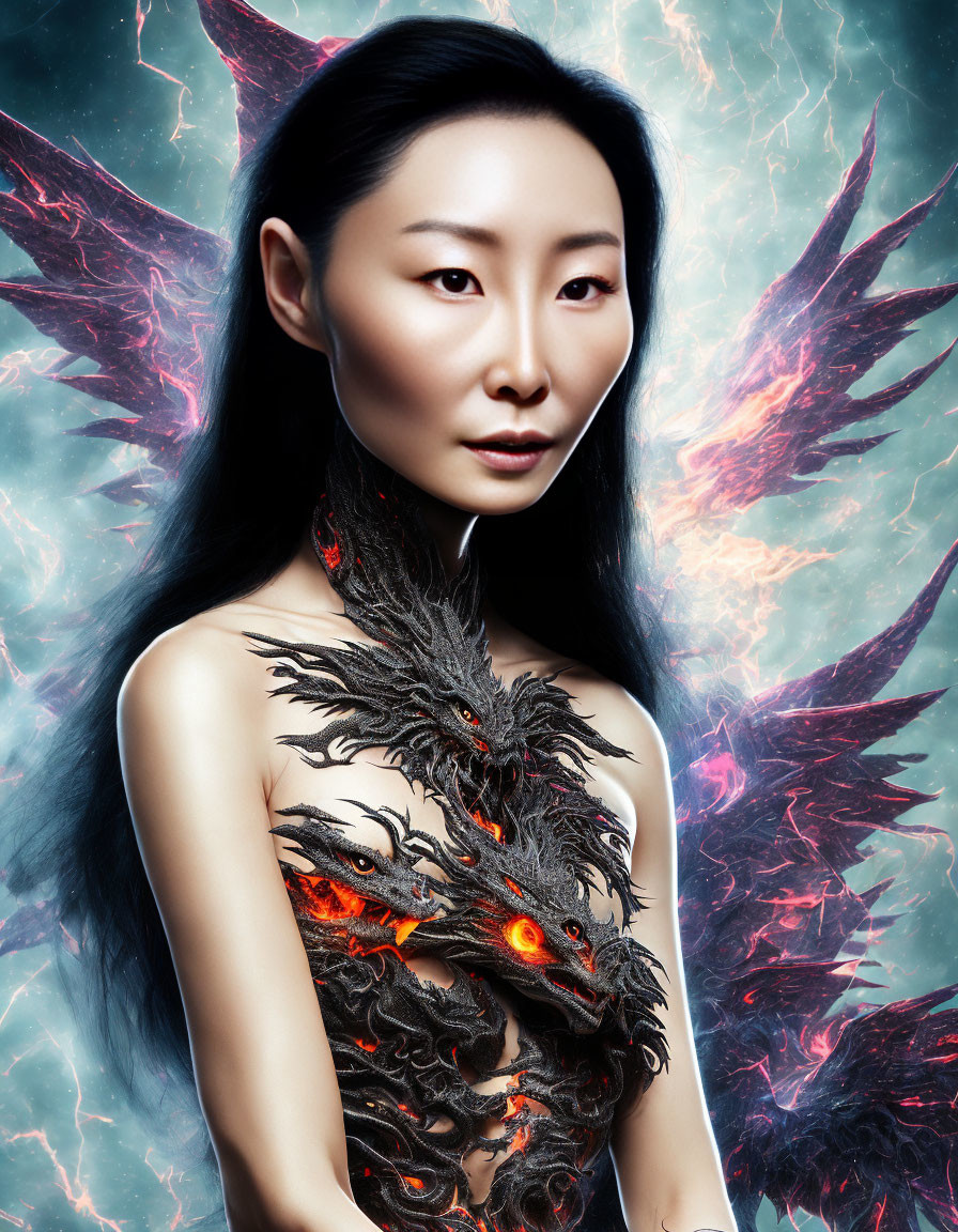 Ethereal woman in dragon-themed bodice with glowing red eyes and mystical lightning wings.