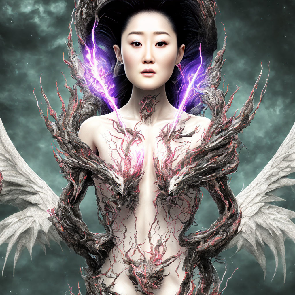 Intricate wings and purple energy tendrils on person in digital art