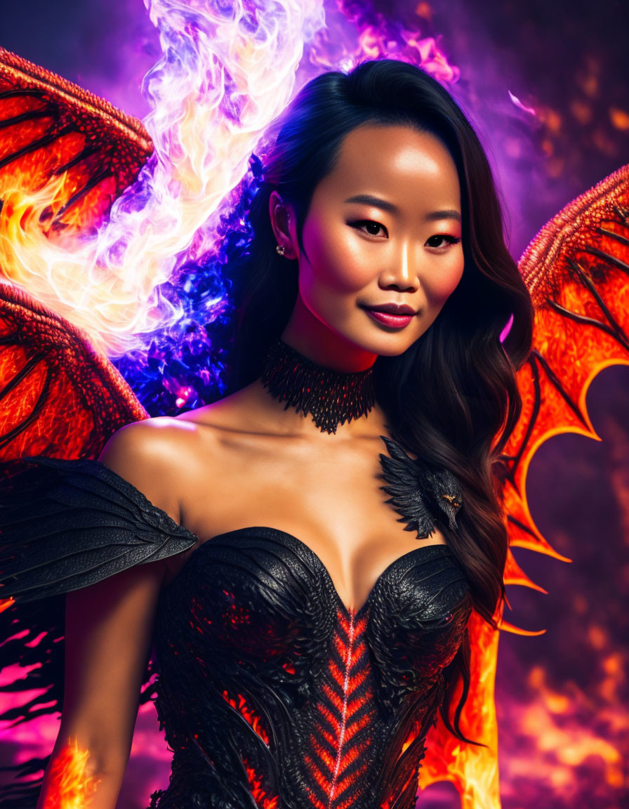 Fiery dragon wings woman in intense mystical flames