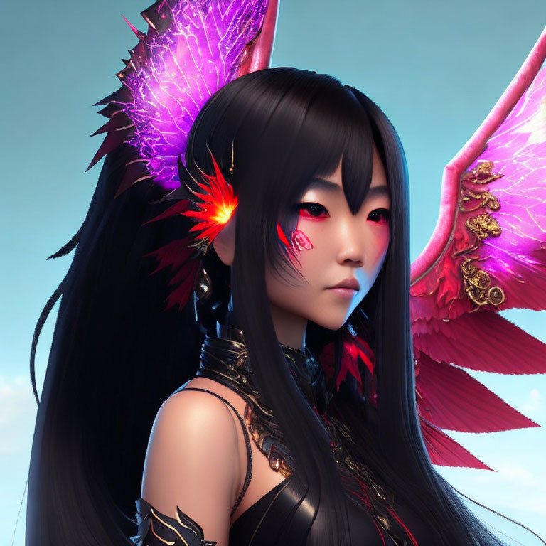 Female animated character with long black hair, red eyes, pink and red feathered wings, and earrings