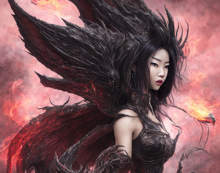 Dark Feathered Armor Woman with Wildfire Background