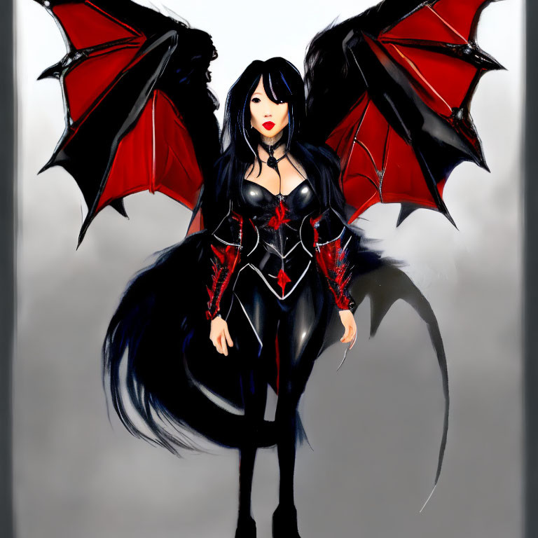 Stylized illustration of a woman with black hair, red and black armor, and red-accent