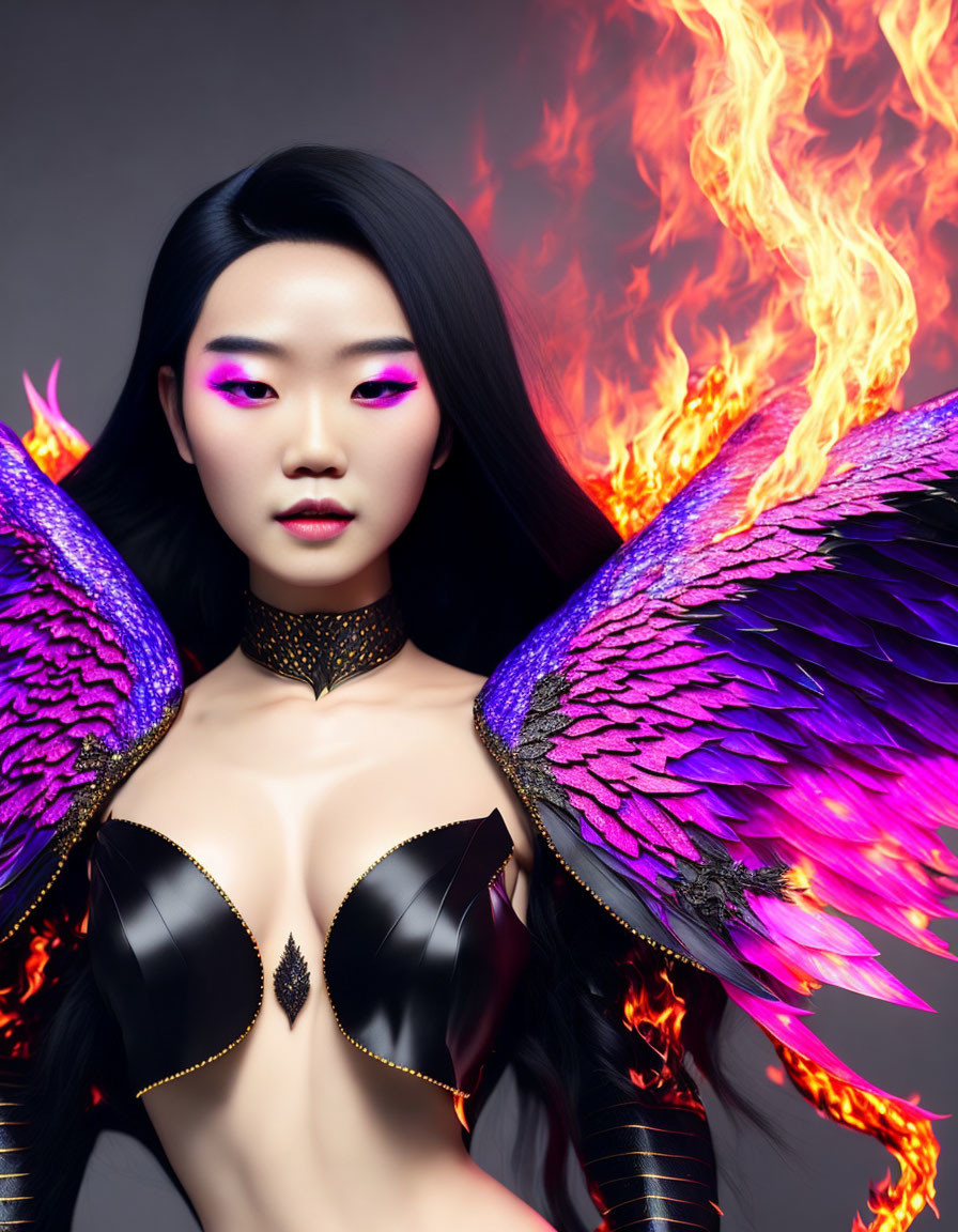 Woman with Purple Winged Eyeliner and Feathery Wings in Flames Costume