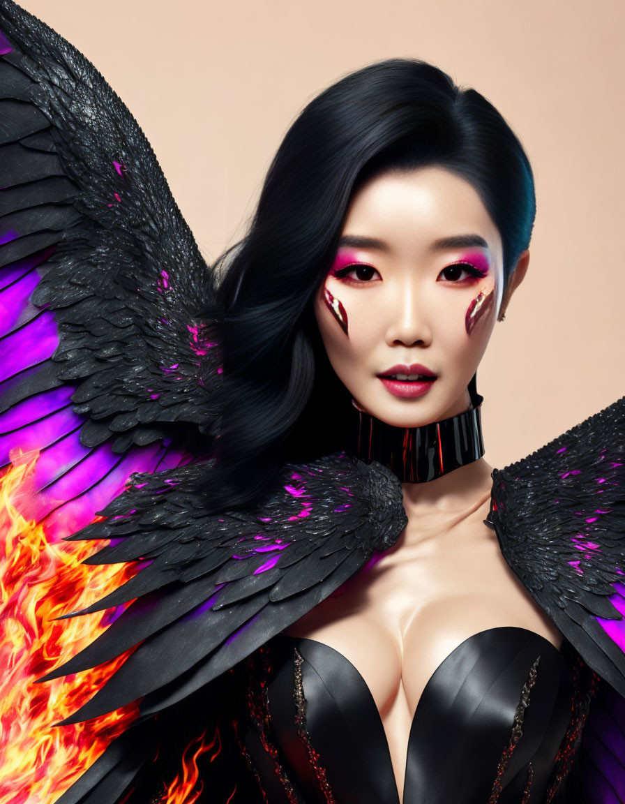 Dark-haired woman with fiery wings and artistic makeup on peach background