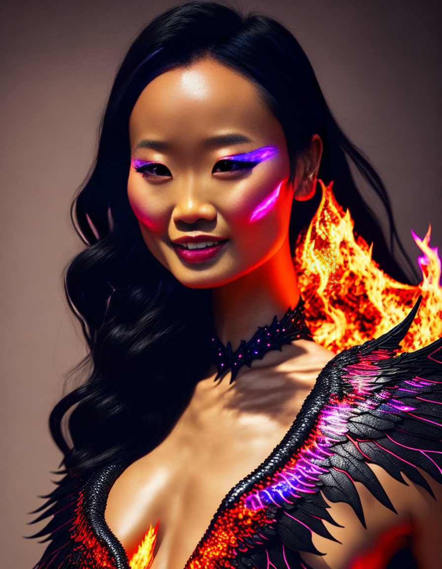 Fierce Figure with Fiery Wings and Bold Makeup