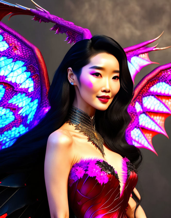 Dark-haired woman in fantasy dragon costume with colorful wings