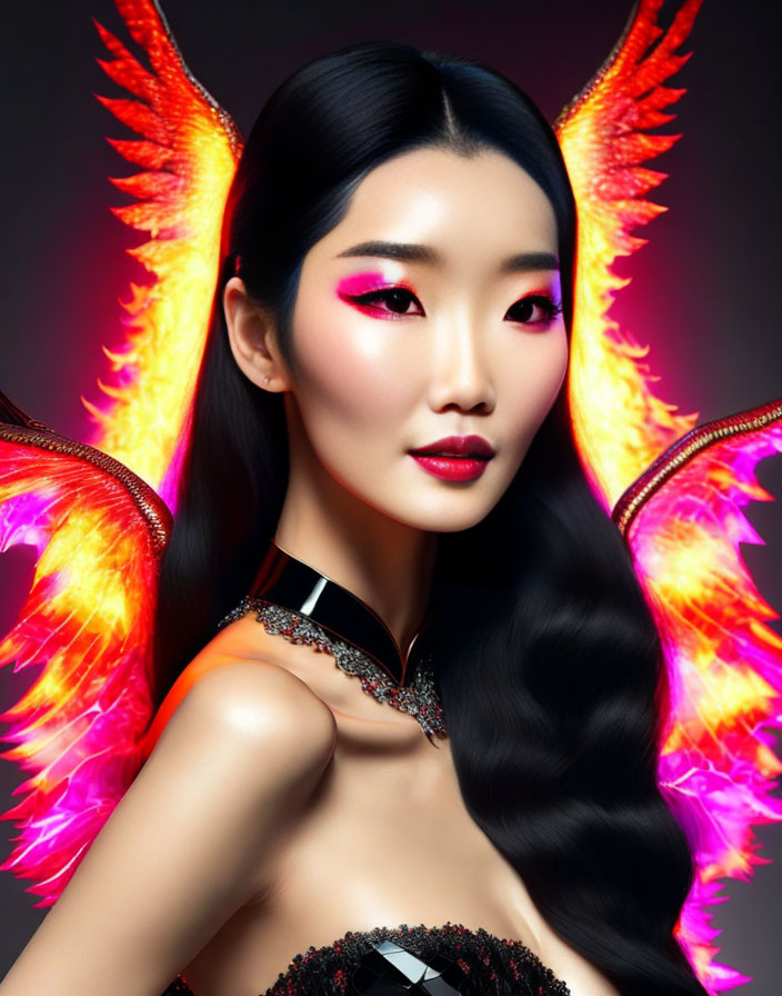 Woman with Vibrant Pink Eyeshadow and Fiery Wings on Dark Background