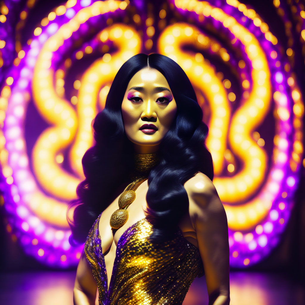 Dark-haired woman in gold costume against swirling purple backdrop