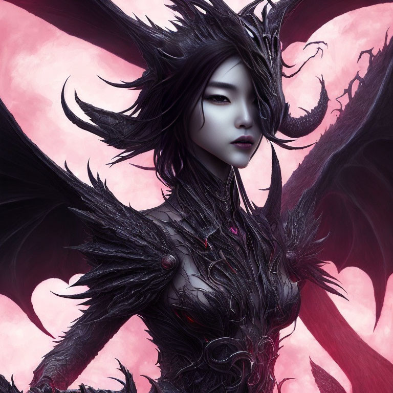 Fantastical female figure in black feathered armor on pink cloud backdrop