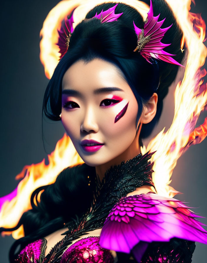 Portrait of a woman with stylized makeup and fiery graphic effects