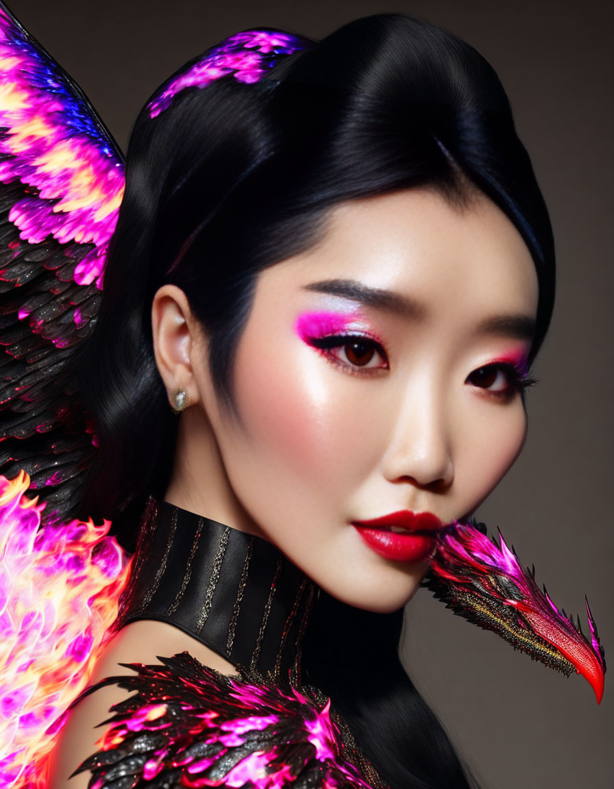 Vibrant pink makeup and black hair with fiery phoenix wings.