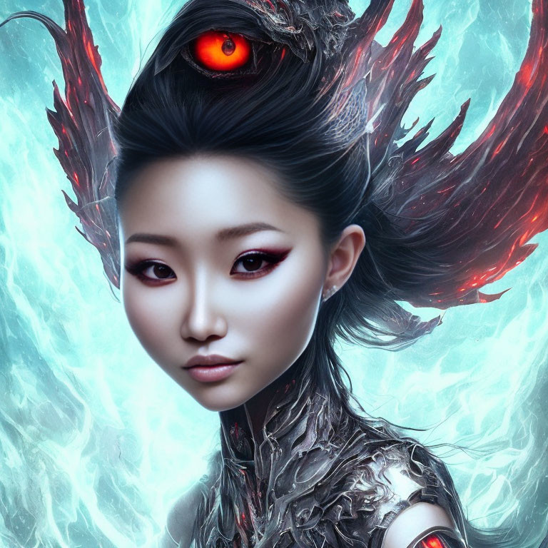 Digital artwork featuring woman with red eyes, feathered head details, metallic armor, on blue ethereal