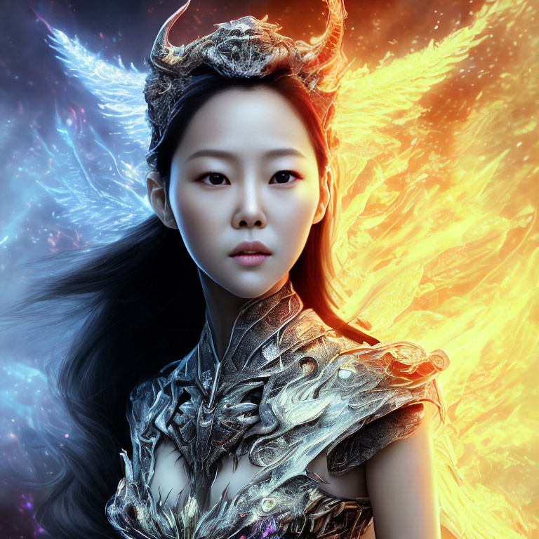 Fantasy-themed CGI image: Woman with horned crown and fiery background