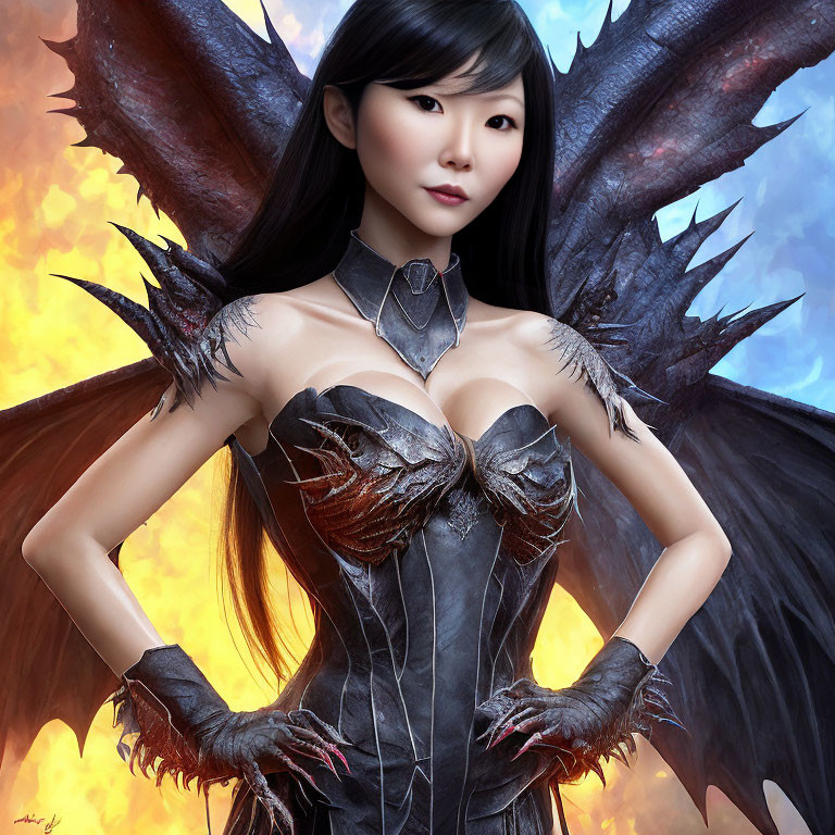 Digital portrait of woman in dark costume with spiky shoulders, dragon wings, fiery background