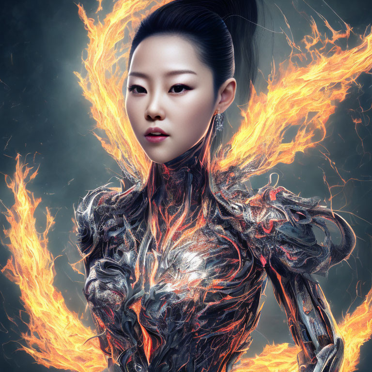 Woman in metallic armor surrounded by swirling flames on dark background