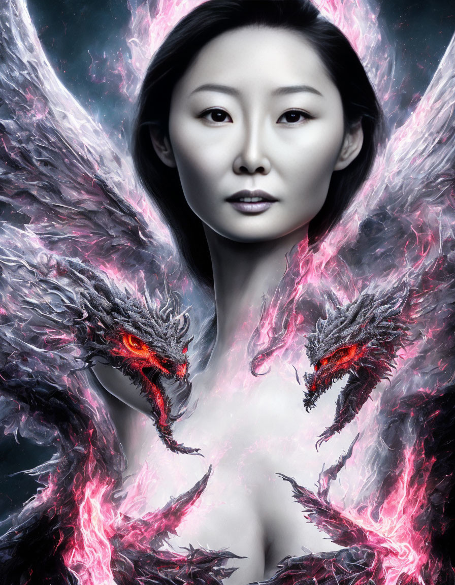 Asian woman with fiery dragons in a powerful image