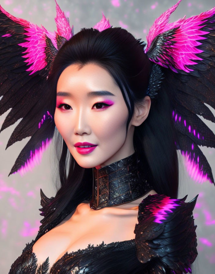 Digital portrait of woman with pink & black feathered wings and makeup on soft pink background