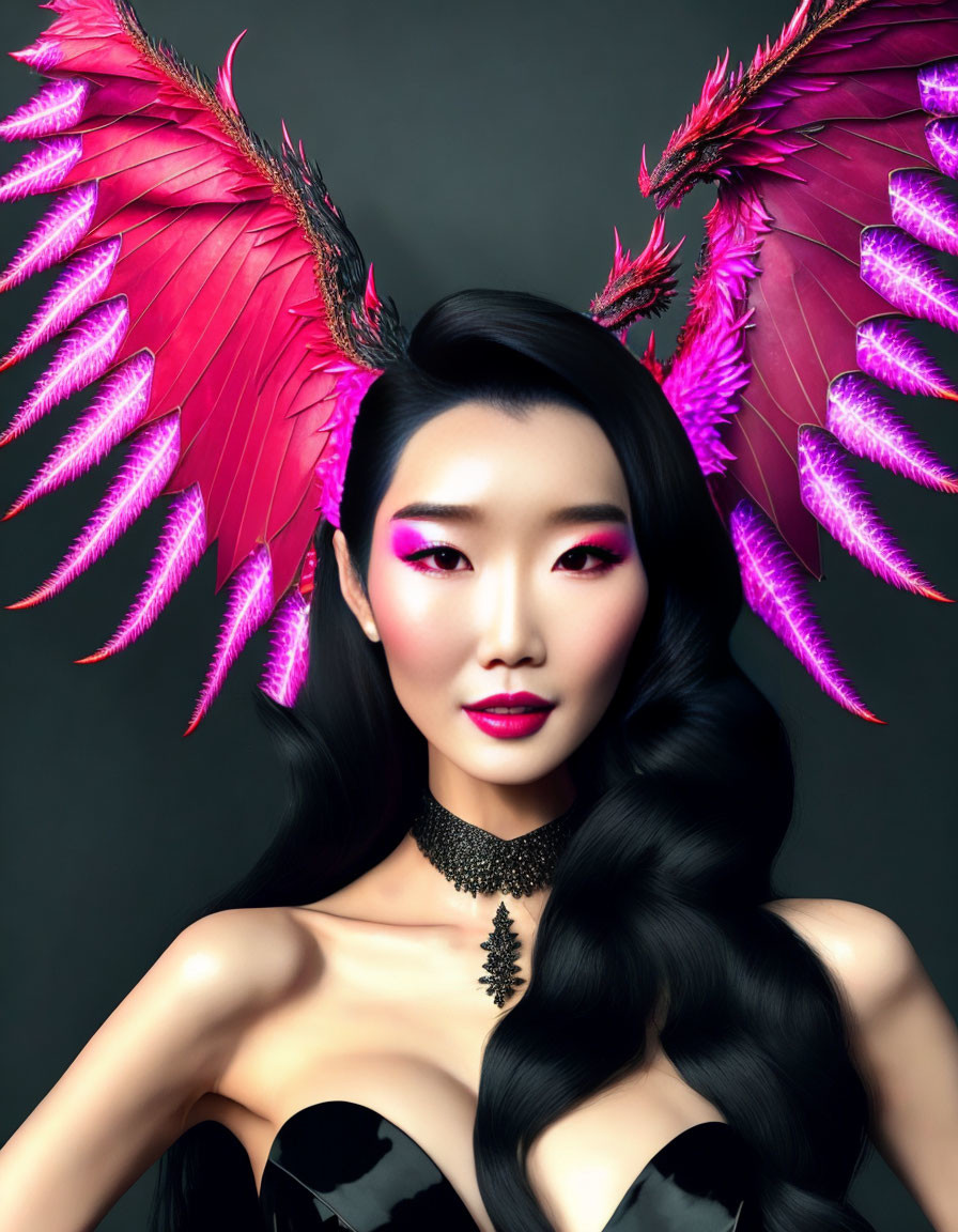 Woman with Pink Feathered Wings and Bright Makeup on Dark Background