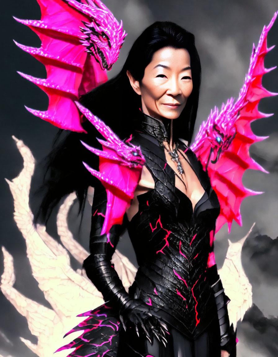 Person in Black Costume with Pink Accents Stands with CGI Wings and Dragon