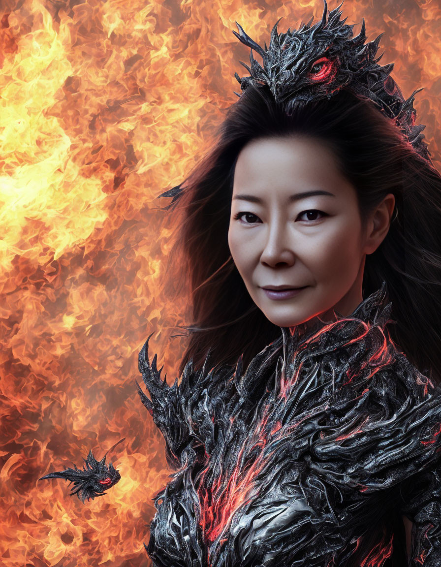 Elaborate dragon-themed costume on woman with fiery background