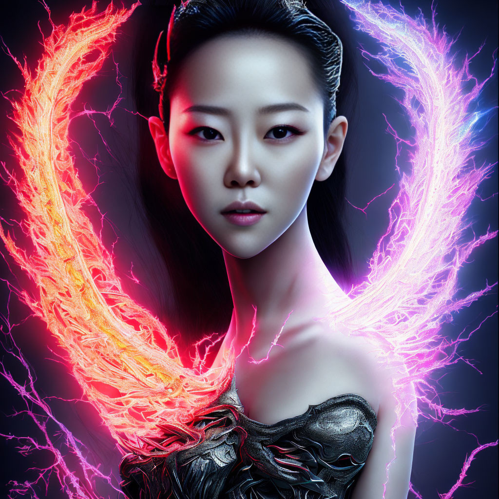 Intricate hairstyle and glowing neon wings on dark background