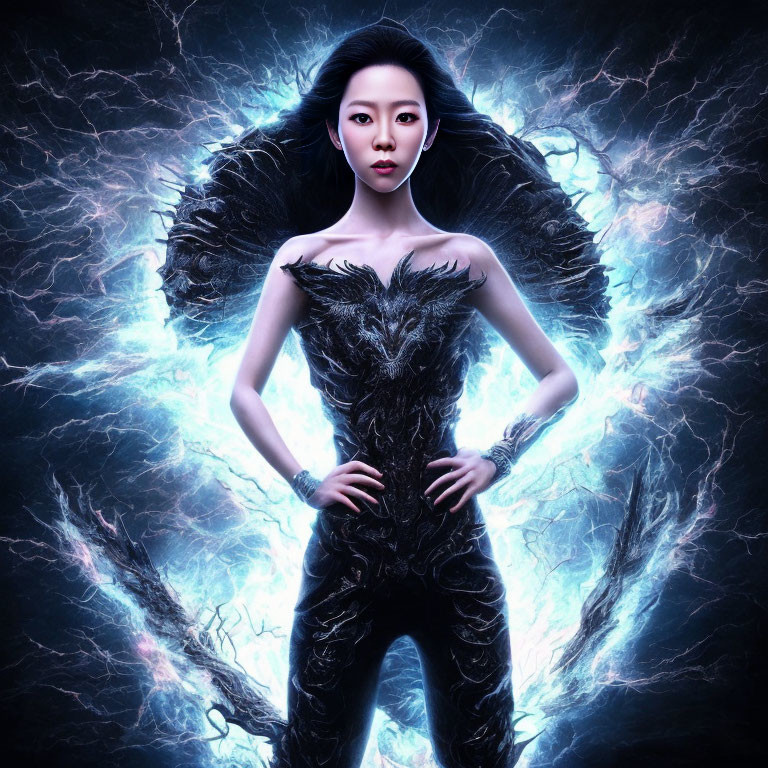 Fantasy digital artwork: Woman with dark wings in mystical lightning scene