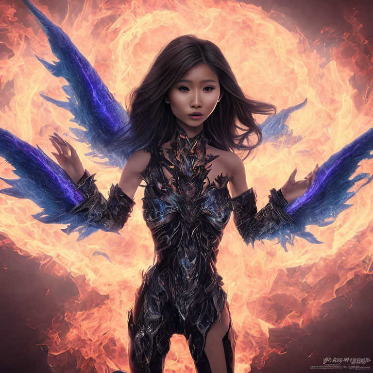 Dark-armored woman with blue fiery wings in smoky background