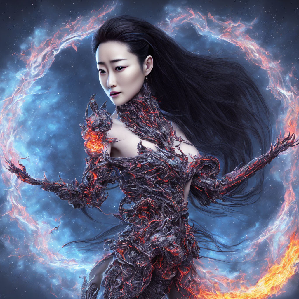 Woman engulfed in fiery energies with flowing hair and flame-patterned dress.