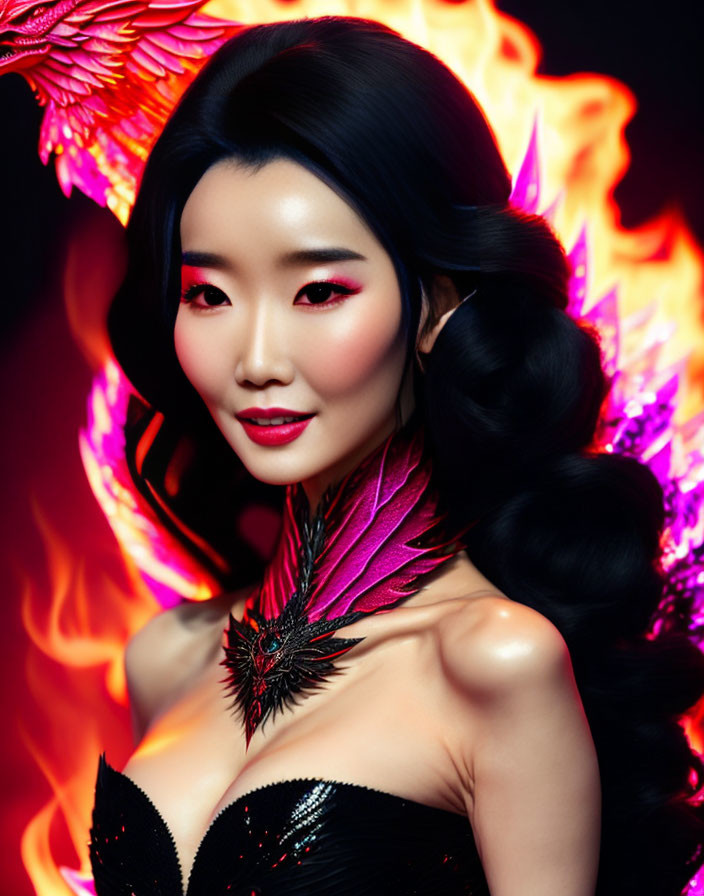 Woman with elegant updo and striking makeup in dark dress against fiery wings backdrop