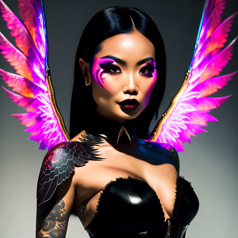 Woman with bold makeup and tattoos in black outfit with vibrant digital wings