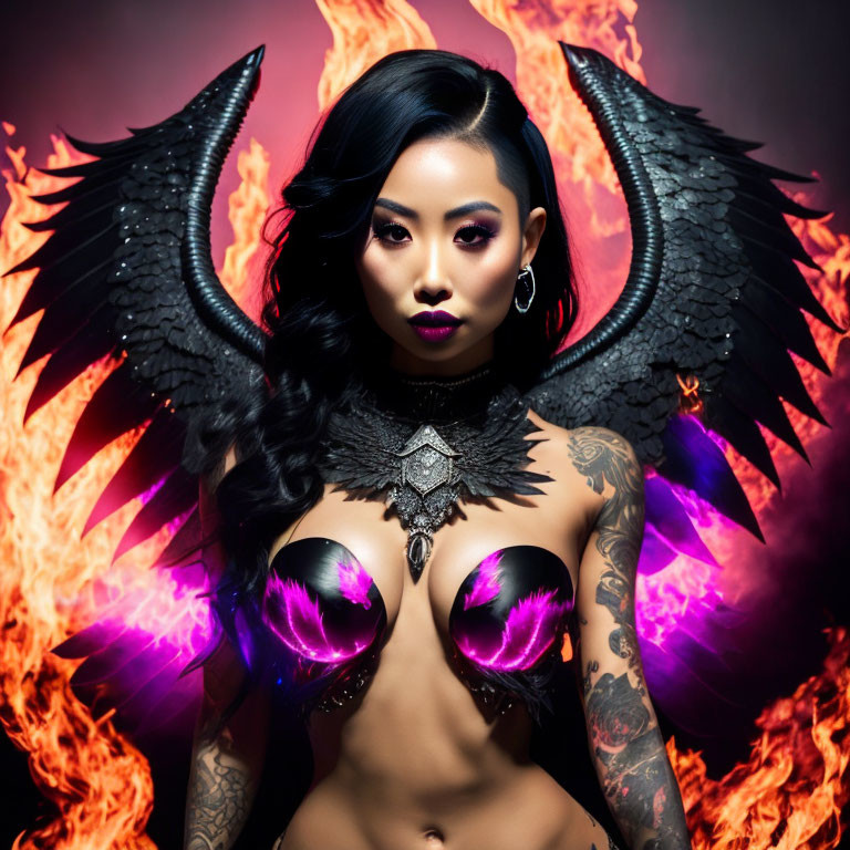 Dark angel wings and tattoos on woman against fiery backdrop - mystical aura