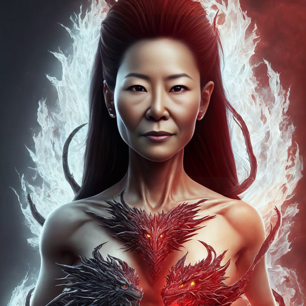 Asian woman digital art with high red ponytail and glowing eyes on fiery red background