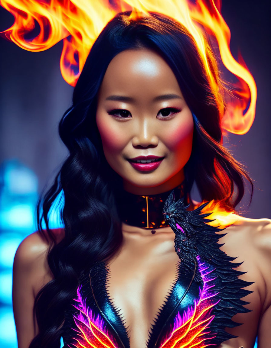 Portrait of a woman with fiery elements and bold colors