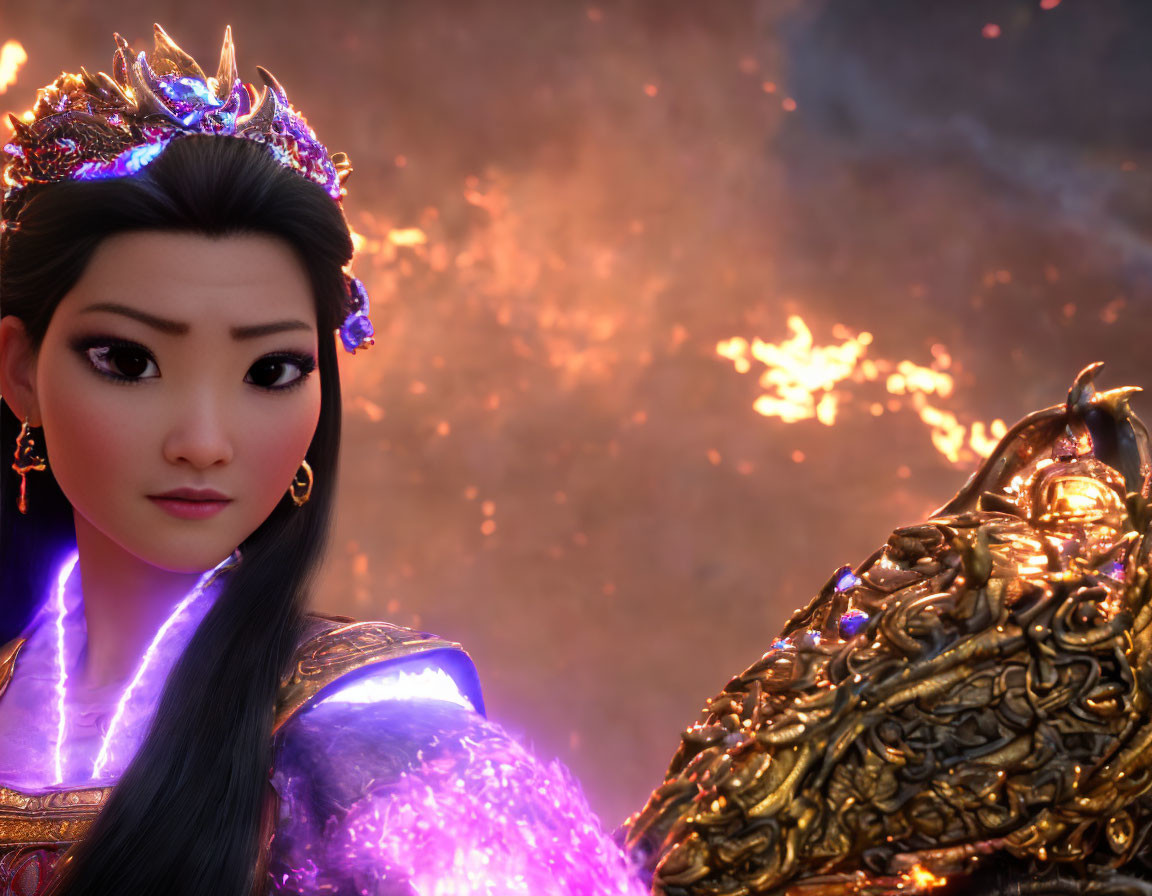 Regal female animated character with crown and mystical orb in fiery background