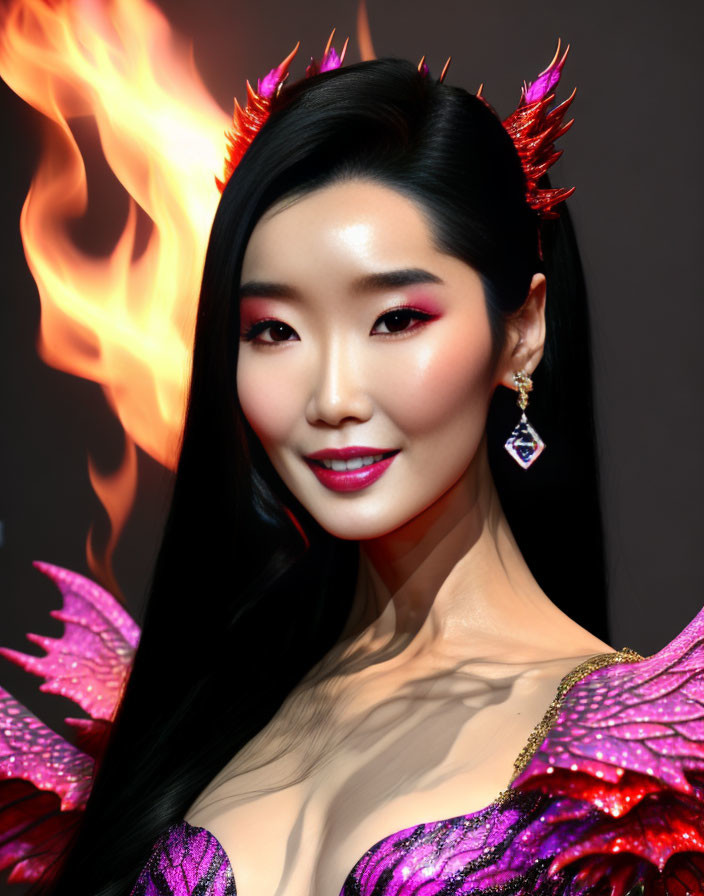 Elaborate fiery winged makeup on woman with flame element and accessories