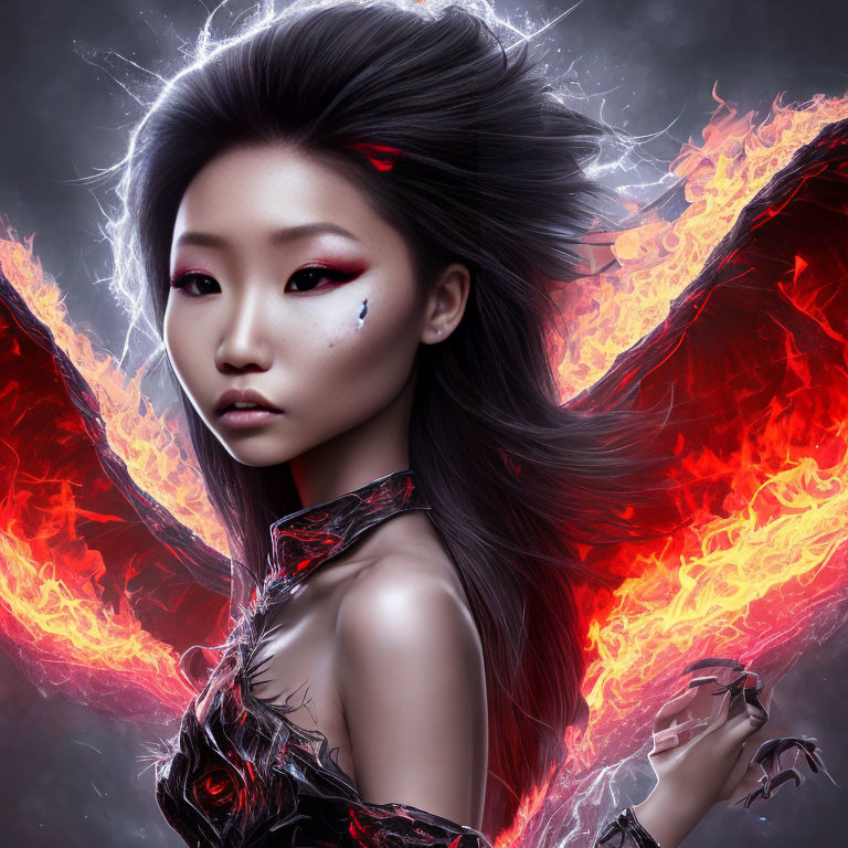 Digital artwork: Woman with fiery wings, red eyes, and claw-like fingers on smoky background