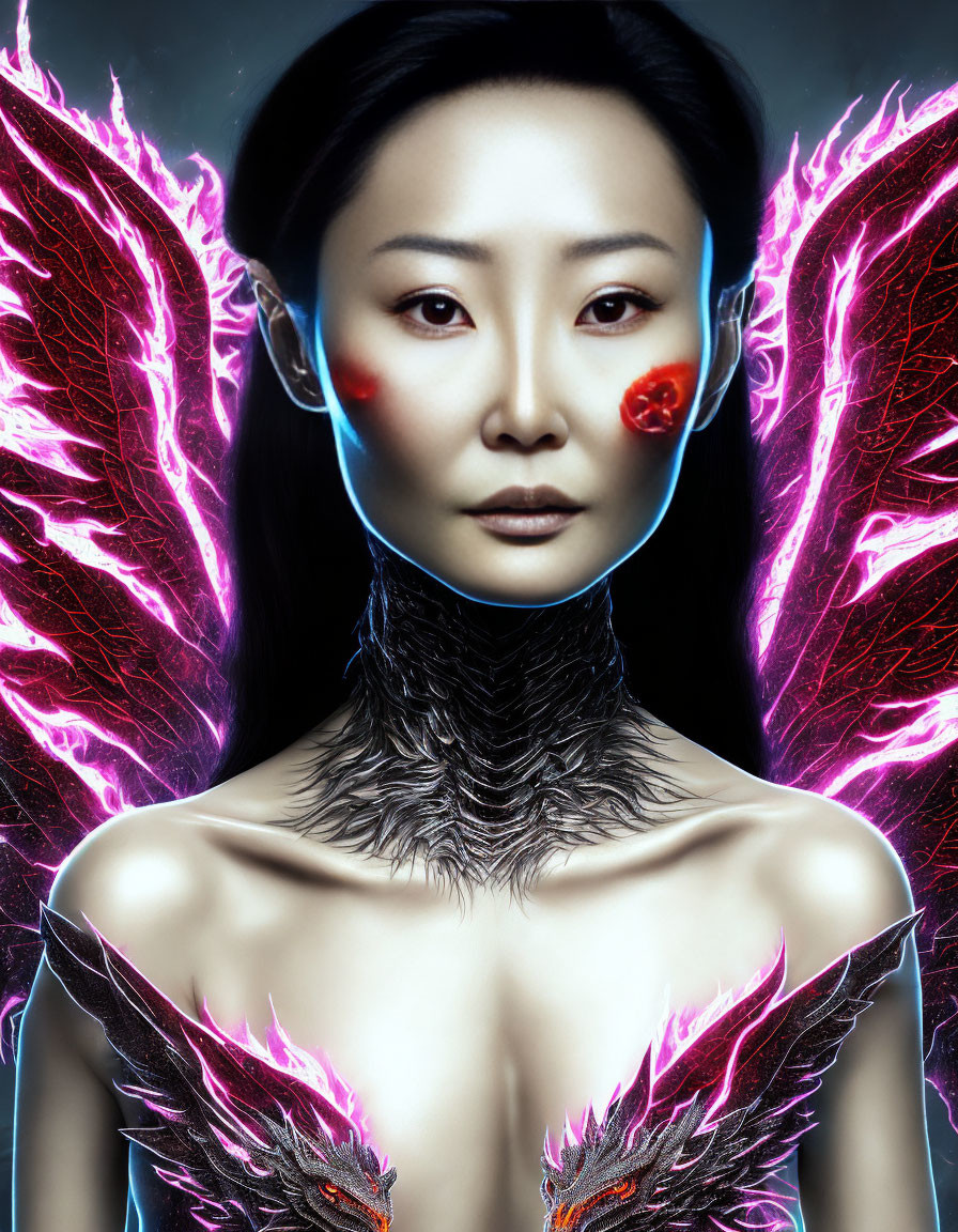 Mystical woman with neon pink wings and feathered collar on dark background