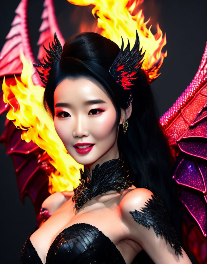 Dark-haired woman in fiery dragon costume with wing-like structure.