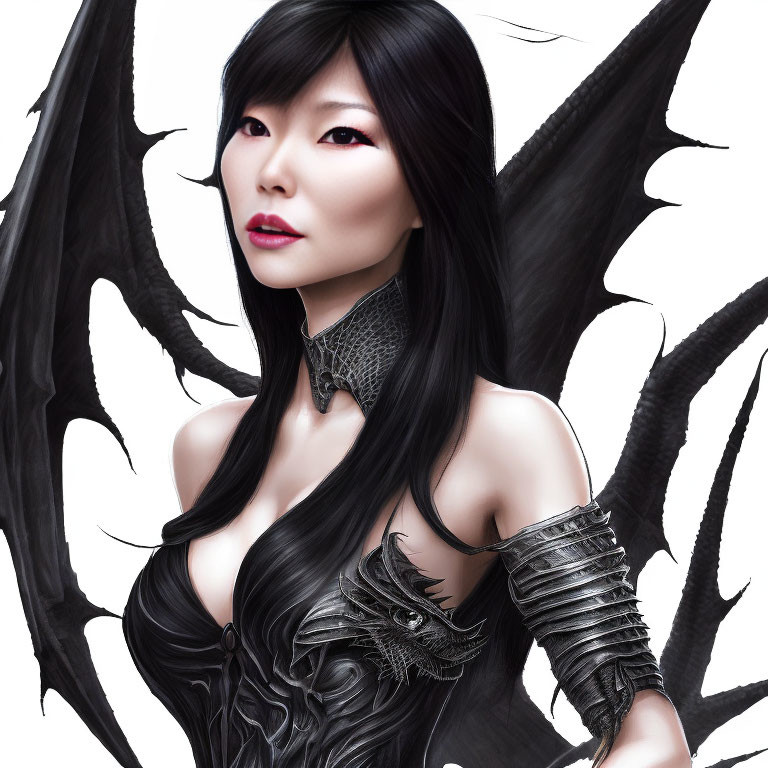 Illustration of female character with pale skin, black hair, red eyes, dragon wing outfit.