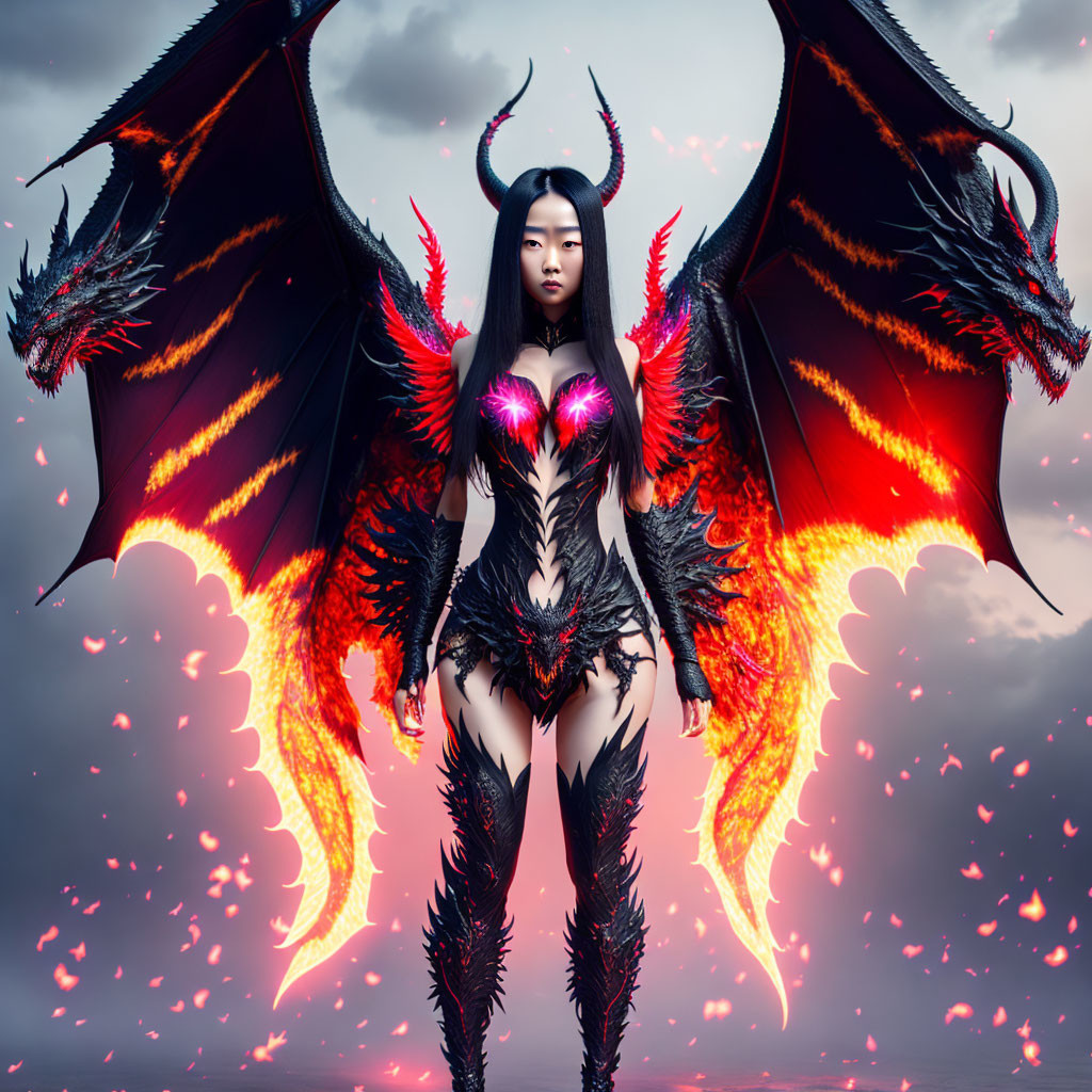 Dramatic fantasy costume with black and red dragon-like wings