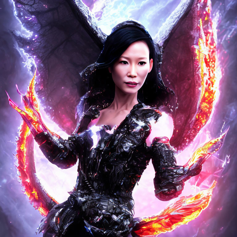 Intense woman in black crystal armor with fiery energy wings on purple background