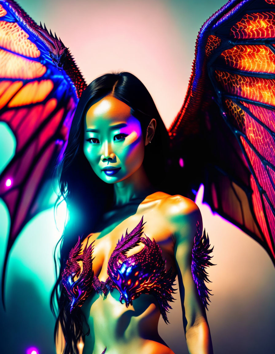 Vibrant woman with dragon wings and body paint in colorful setting